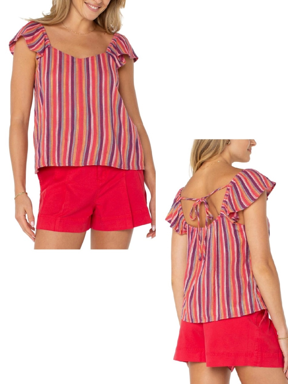 Liverpool LA cotton-blend woven striped flutter-sleeve summer top - sz Large